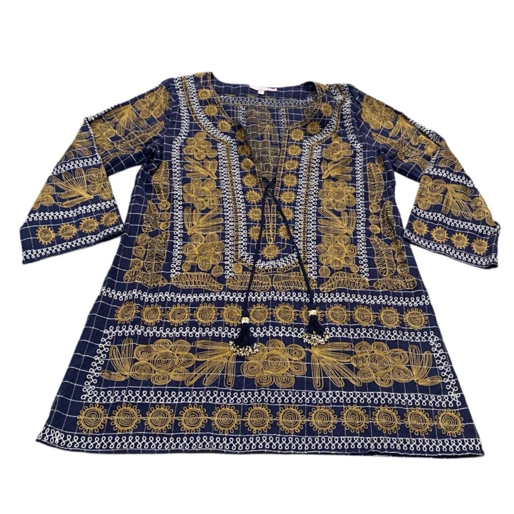 Calypso St. Barth Navy and Gold Patterned Embroidered Mini Dress